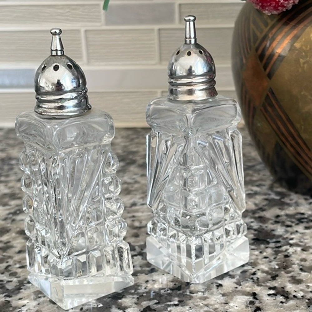 Vintage Clear Cut Crystal Salt & Pepper Shakers with Silver Tops Made In Japan